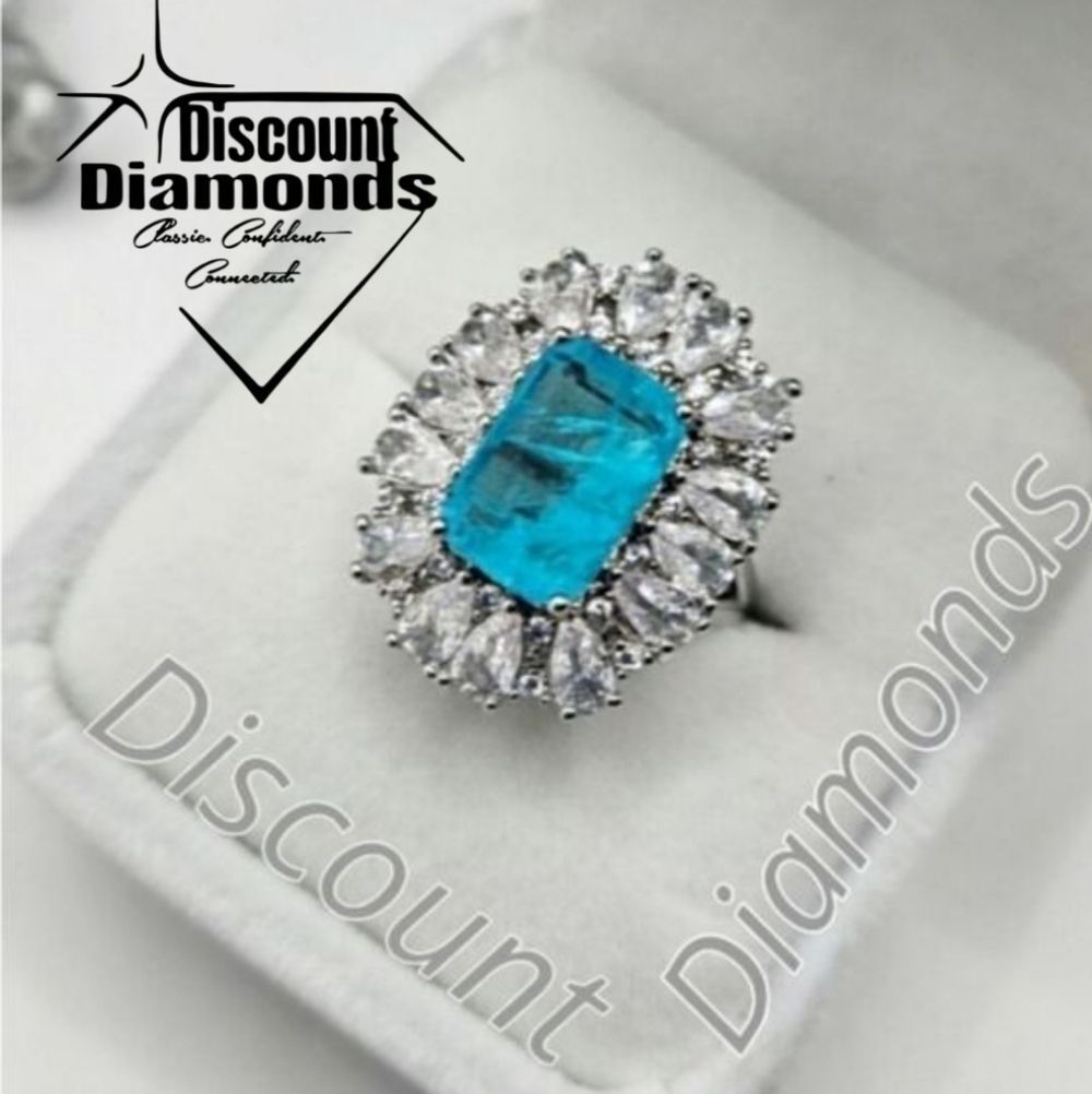 Neon Blue Paraiba & Clear Zircon Cocktail Ring 18K White Gold on 925 Silver
